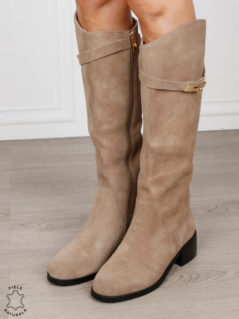 Cizme damă din piele naturală Intoarsa cu ornament elegant CRL1834 KHAKI