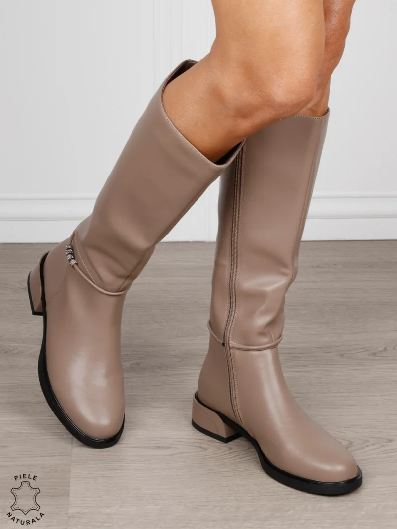 Cizme damă din piele naturală cu detaliu decorativ la gleznă CRL1838 KHAKI
