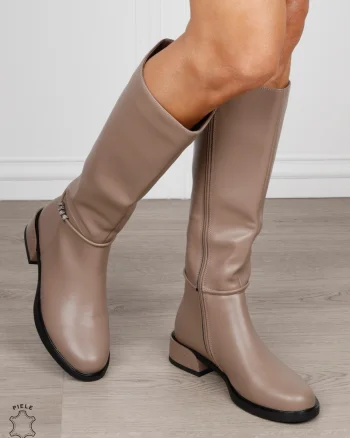 Cizme damă din piele naturală cu detaliu decorativ la gleznă CRL1838 KHAKI