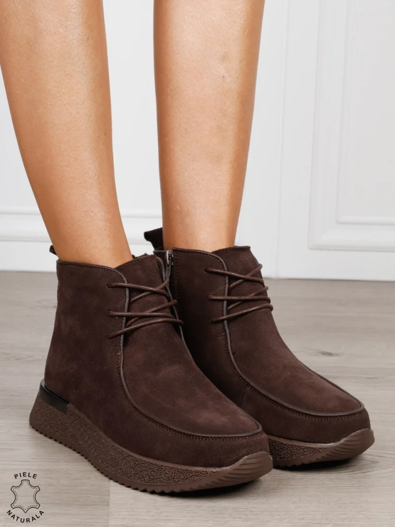 Ghete damă din piele naturală Intoarsa cu design casual CRL1842 CAFENIU