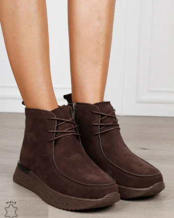 Ghete damă din piele naturală Intoarsa cu design casual CRL1842 CAFENIU