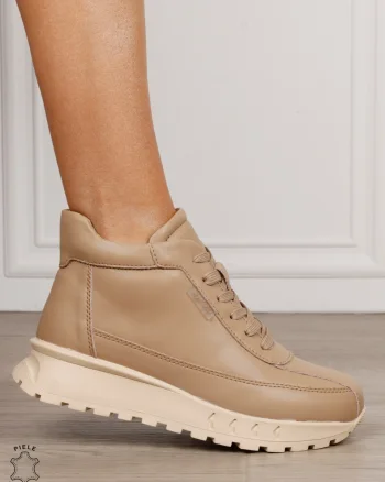 Ghete damă din piele naturală cu șireturi si fermoar CRL1851 KHAKI