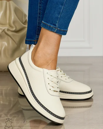 Pantofi CASUAL dama din piele naturala cu siret CONFORTABILE CRL1460 BEJ