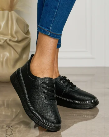 Pantofi CASUAL dama din piele natural cu siret CONFORTABILE CRL1460 NEGRU