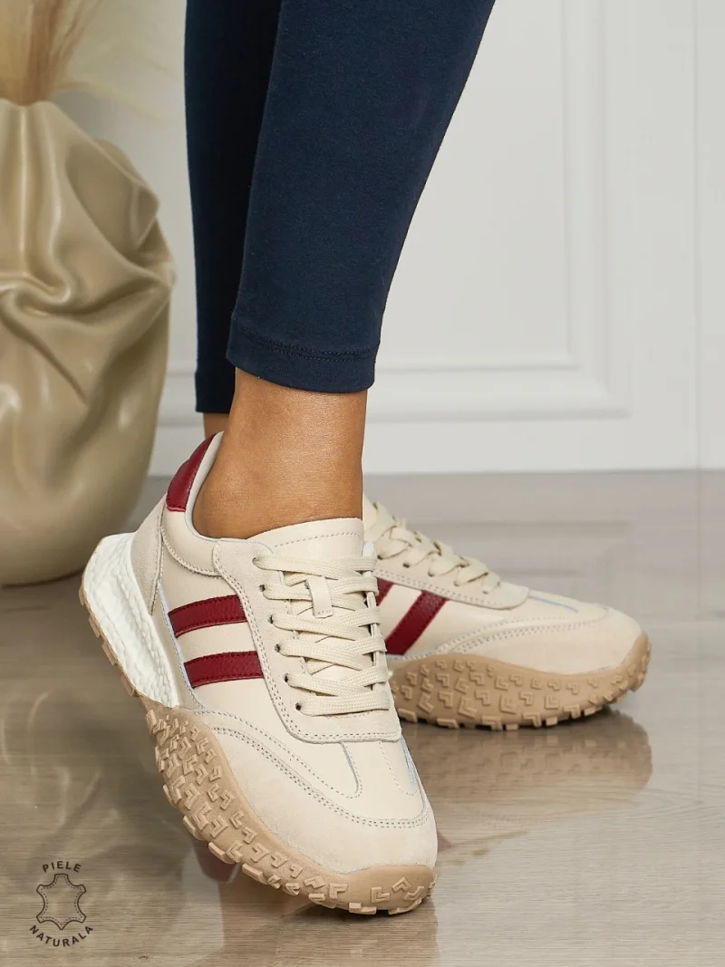 Pantofii casual piele naturala cu siret si dungi laterale CRL1459 BEJ