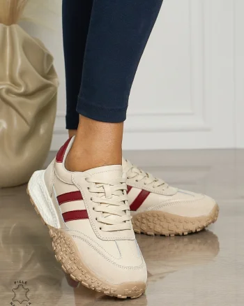 Pantofii casual piele naturala cu siret si dungi laterale CRL1459 BEJ
