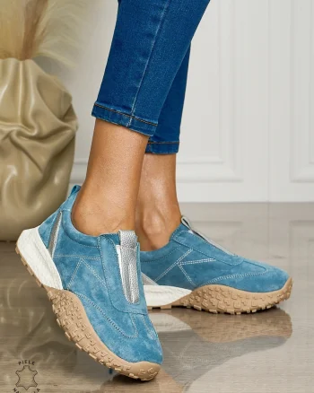 Pantofi CASUAL dama din piele naturala INTOARSA de tip Slip-on CRL1458 ALBASTRU