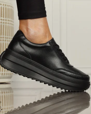 Pantofi casual dama din piele naturala cu șiret comozi și versatili CRL1444 NEGRU