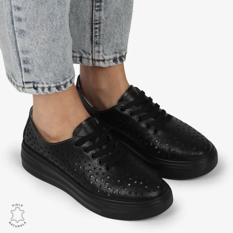 Pantofi Casual dama din Piele naturala PERFORATCU SIRET CRL1341 NEGRU