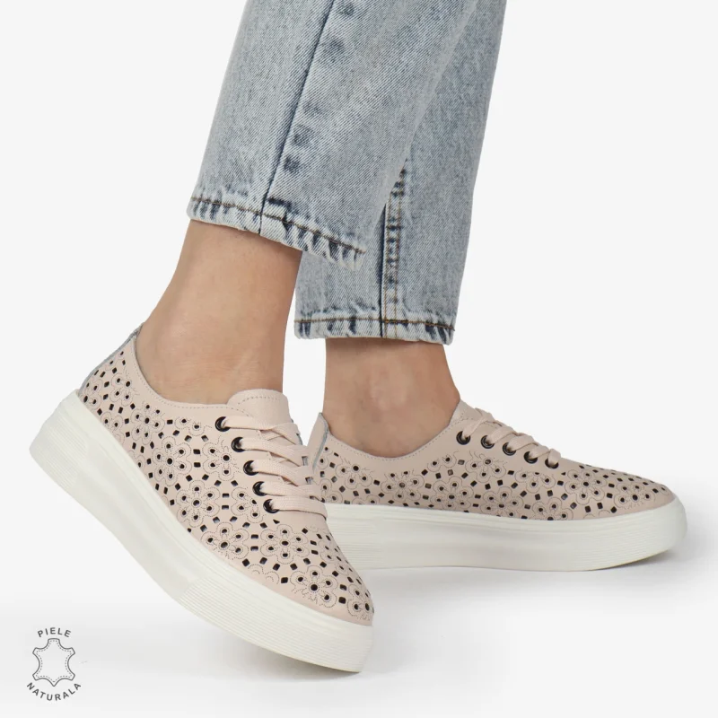 Pantofi Casual dama din Piele naturala PERFORAT USORI CU SIRET CRL1341 ROZ