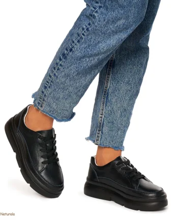 Pantofi Casual de dama din Piele naturala cu talpa groasa CRL1319 NEGRU