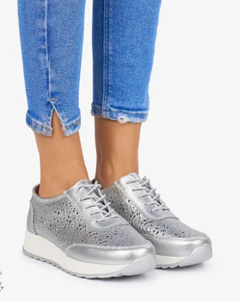 Pantofi casual dama din Piele Naturala Perforati cu model CRL0714 ARGINTIU