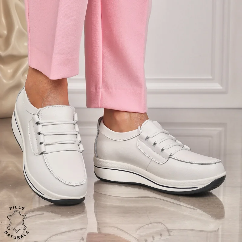 Pantofi casual de dama din piele naturala cu talpa groasa CRL0005 Alb