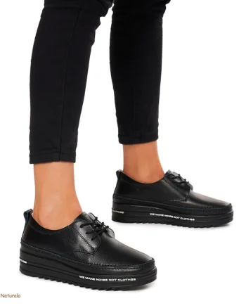 Pantofi Casual dama din Piele naturala cu talpa groasa CRL0053 NEGRU