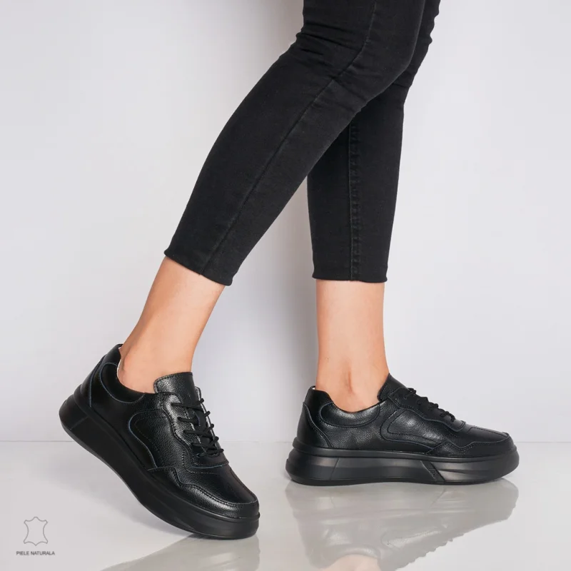Pantofi Casual dama din Piele naturala cu talpa plata CRL0042 NEGRU