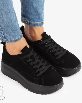 Pantofi Casual de dama din Piele Naturala INTOARSA CU CUSATURI DECORATIVE CRL1220 NEGRU