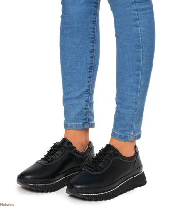 Pantofi Casual dama din Piele naturala cu talpa groasa CRL0048 NEGRU