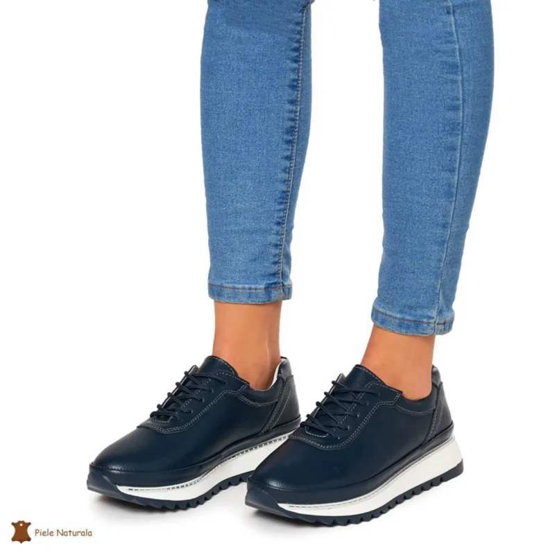 Pantofi Casual dama din Piele naturala cu talpa groasa CRL0048 BLEUMARIN