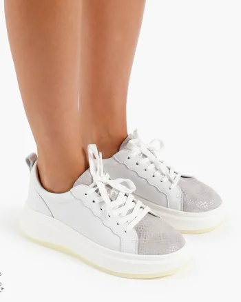 Pantofi Casual DAMA din PIELE Naturala CRL0947 CULOARE: ALB CU ARGINTIU