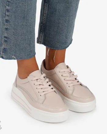 Pantofi Casual de dama din Piele Naturala cu talpa inalta si Dungi CRL1203 Roz