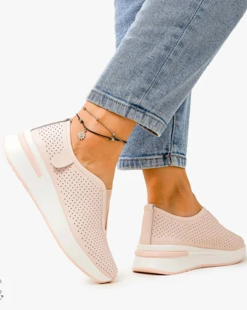 Pantofi Casual de dama din Piele Naturala PERFORATA CU ELASTIC CRL1200 ROZ