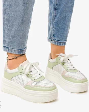 Pantofi Casual de dama din Piele Naturala Multicolor CRL1096 ALB CU Verde