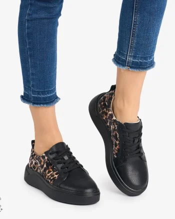 Pantofi Casual DAMA din PIELE Naturala cu imprimeu de leopard CRL0949 CULOARE: Negru