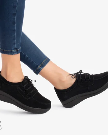 Pantofi casual de dama din piele naturala Intoarsa cu talpa groasa CRL0005 Negru