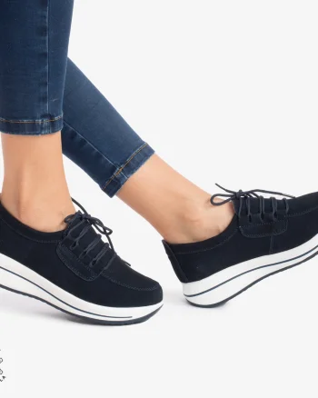 Pantofi casual de dama din piele naturala Intoarsa cu talpa groasa CRL0005 Bleumarin