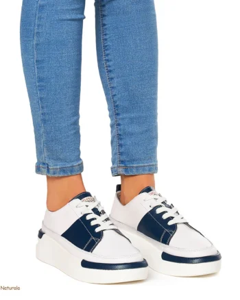 Pantofi Casual dama din Piele naturala cu talpa groasa CRL0056 ALB CU NAVY