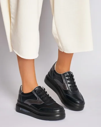Pantofi Casual dama din Piele naturala cu talpa plata Multicolor CRL0041 Negru