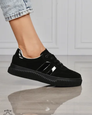 Pantofi Casual DAMA din Piele Naturala intoarsa, Model Retro CRL1531NEGRU