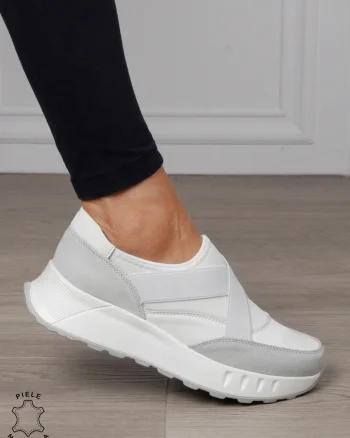 Pantofi dama din Piele Naturala slip-on cu elastic CRL1545 ALB