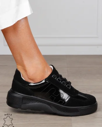 Pantofi Casual dama din Piele Naturala intoarsa CRL1556 negru