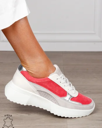 Pantofi sport damă din piele naturală și piele naturală întoarsă, multicolor CRL1564 ROZ