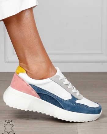 Pantofi sport damă din piele naturală și piele naturală întoarsă, multicolor CRL1564 BLEUMARIN