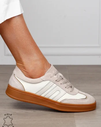 Pantofi sport damă din piele naturală întoarsă si material textil lateral CRL1566 BEJ
