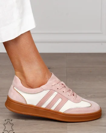 Pantofi sport damă din piele naturală întoarsă si material textil lateral CRL1566 ROZ