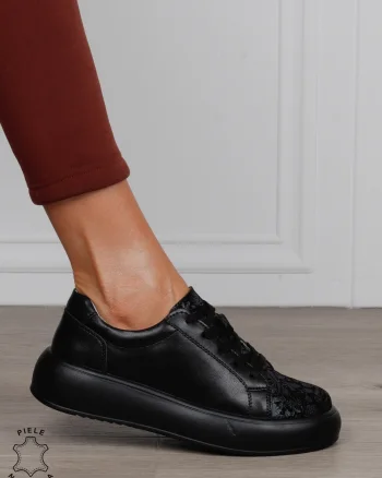 Pantofi Casual damă din piele naturală cu talpa inalta CRL1571 NEGRU