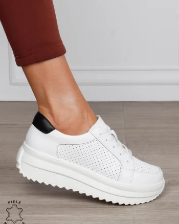 Pantofi Casual damă din piele naturală confortabile CRL1572 ALB CU NEGRU