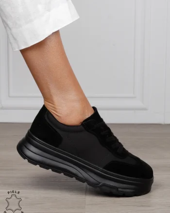 Pantofi Casual damă piele naturala intoarsa cu textil CRL1578 NEGRU