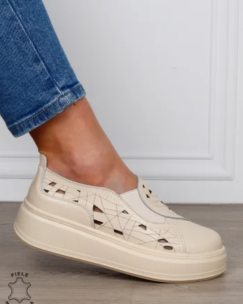 PANTOFI CASUAL Dama Piele Naturala Perforat Slip-on CRL1594 BEJ