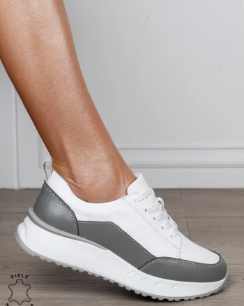 Pantofi Casual Damă din Piele Naturală cu Șiret și Design în Combinație de Culori ALB CRL1800