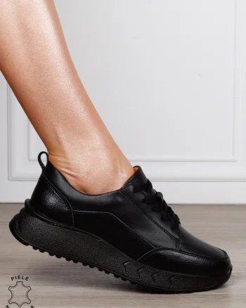 Pantofi Casual Damă din Piele Naturală cu Șiret și Talpă Comfort NEGRU CRL1800