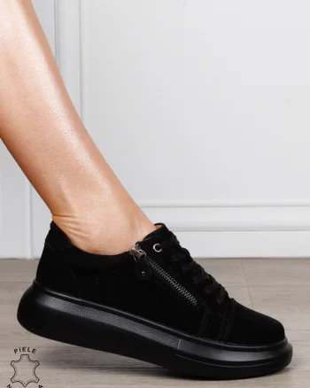 Pantofi Casual Damă din Piele Naturală intoarsa cu Fermoar Lateral CRL1801 NEGRU