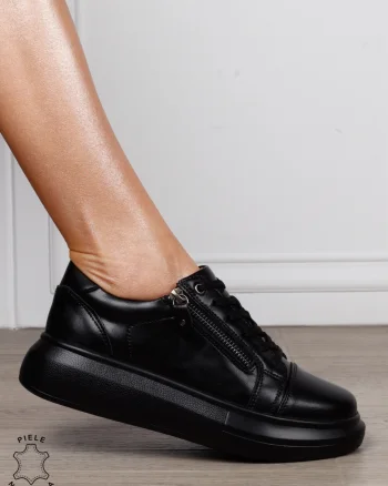 Pantofi Casual Damă din Piele Naturală cu Fermoar Lateral CRL1801 NEGRU