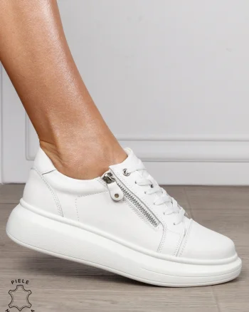 Pantofi Casual Damă din Piele Naturală cu Fermoar Lateral CRL1801 ALB