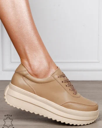 Pantofi casual dama din piele naturala cu șiret comozi și versatili CRL1444 KHAKI