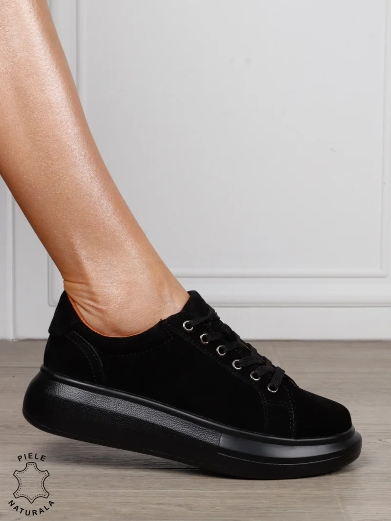 Pantofi Casual Damă din Piele Întoarsă Naturală cu Șiret CRL1802 NEGRU SUEDE