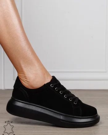 Pantofi Casual Damă din Piele Întoarsă Naturală cu Șiret CRL1802 NEGRU SUEDE